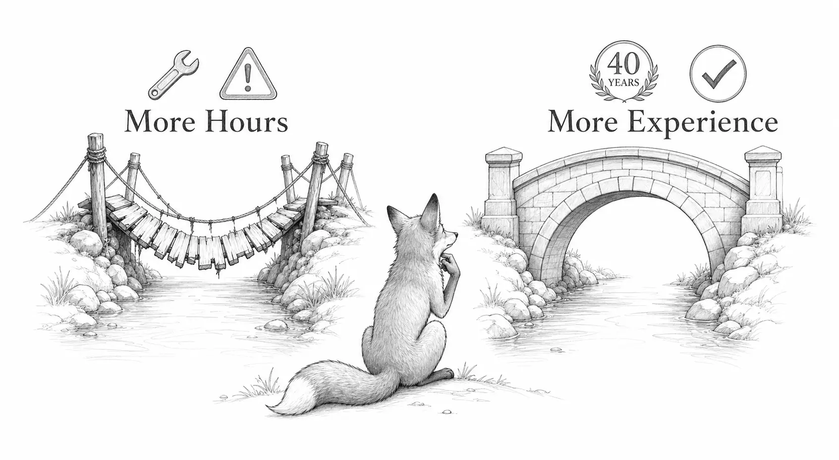 A fox observes two contrasting bridges, symbolizing the value of experience over mere hours in architectural decision-making.